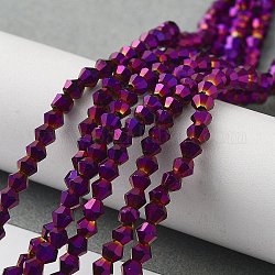 Abalorios de vidrio electrochapdo, arco iris chapado, bicono facetados, púrpura chapado, 3x3.5mm, agujero: 1 mm, aproximamente 125~130 pcs / cadena, 18 pulgada