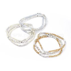 Set di braccialetti elastici perline di vetro galvanizzato, 3strand / set, con perle di ottone cubo, colore argento placcato, colore misto, 2-1/8 pollice (5.5 cm)