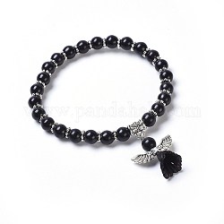 Bracelets extensibles en perles synthétiques teintées en turquoise (teintes), avec des perles de fleurs acryliques givrées transparentes et un alliage de style tibétain, bracelets avec breloque d'ange avec belle robe de mariée, noir, 2-1/8 pouce (5.3 cm)