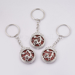 Porte-clés en jaspe rouge naturel, avec les principaux anneaux de fer, plat rond avec le dragon, platine, 80mm, pendentif: 34.5x26x8.5 mm