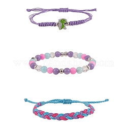 Ensemble de bracelets en cordon tressé en polyester ciré, bracelets en pierres naturelles mélangées avec dinosaure pour femme, violet, diamètre intérieur: 1-3/4~3-3/4 pouce (2~9.5 cm), 3 pièces / kit