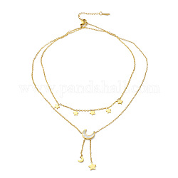 Ionenplattierung (IP) 304 Edelstahl-Kabelketten, doppellagige Halskette, Lariat-Halskette mit natürlichem Muschel-Mond- und Stern-Anhänger für Frauen, golden, 15.20 Zoll (38.6 cm)