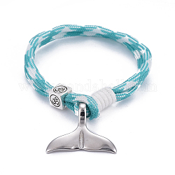 Bracelets à plusieurs rangs, avec cordes en polyester et spandex, alliage européen cube perles, Pendentifs en 304 acier inoxydable, forme de queue de baleine, cyan, 7-5/8 pouce (19.5 cm)