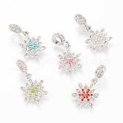 Alloy European Dangle Charms, with Rhinestones, Snowflake, Large Hole Pendants, Platinum, Mixed Color, 33mm, Hole: 4.5mm