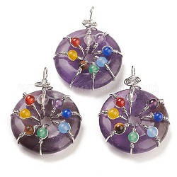Natural Amethyst Pendants, with Platinum Brass Findings, Donut/Pi Disc with Beaded Charms, 41~42x31x11.5~12.5mm, Hole: 5~5.5x3mm