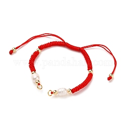 Fabricación de pulseras de cordón de nailon trenzado, con 304 anillas de salto abiertas de acero inoxidable, cuentas redondas de latón y perlas, rojo, longitud de una sola cadena: aproximadamente 6-3/4 pulgada (17 cm)