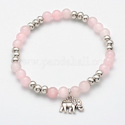 Naturelle quartz rose éléphant perles bracelets breloque stretch, avec les accessoires en alliage d'argent antique, 53mm