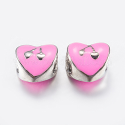 Perles européennes d'émail en alliage, Perles avec un grand trou   , coeur avec cerise, platine, rose, 10x10x7.5mm, Trou: 5mm