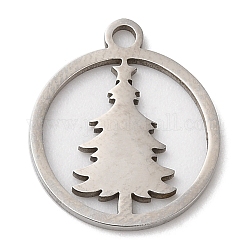 Рождественские 201 подвески из нержавеющей стали, Плоский круглый с елкой, цвет нержавеющей стали, 15x13x1 мм, отверстие : 1.5 мм