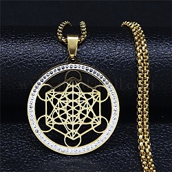 Crystal Rhinestone Flat Round with Hexgon Pendant Necklace with 304 Stainless Steel Box Chains, Golden, 22.91 inch(58.2cm)