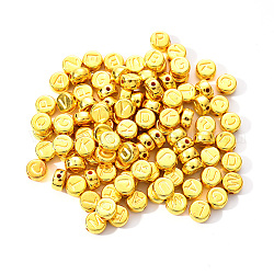 CCBプラスチックビーズ  ランダムな混合文字でフラットラウンド  ゴールドカラー  7x4mm  穴：1.4mm  約100個/袋