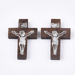 Pendentifs en bois imprimées, crucifix croix, pour Pâques, teinte, brun coco, 32.5~33.5x21~22x4.5mm, Trou: 2mm