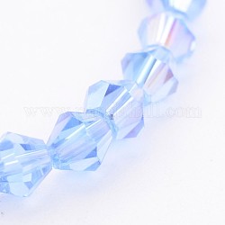 Стеклянные бусины, двухконусные, голубой, с покрытием AB цвета, голубой, 4 мм, отверстие : 1 мм, около 70 шт / нитка, 10.63 дюйм