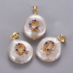 Pendentifs de perles d'eau douce de culture naturelle, avec accessoires zircon cubique micro pave en laiton, pépites avec lettre, Plaqué longue durée, or, colorées, letter.q, 17~27x12~16x6~12mm, Trou: 4x2.5mm