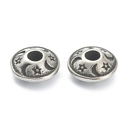 304 Edelstahl-Abstandhalter-Perlen, Scheibe mit Stern & Mond, Antik Silber Farbe, 8x4 mm, Bohrung: 2 mm