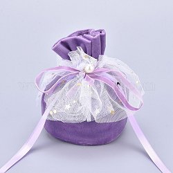 Velvet Jewelry Drawstring Gift Bags, with Plastic Imitation Pearl & Star Yarn Skirt Design, Wedding Favor Candy Bags, Violet, 14.2x14.9x0.4cm