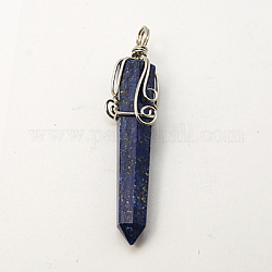 Natural Lapis Lazuli Big Pointed Pendants, Dyed & Heated, with Alloy Big Pendants Settings, Faceted, Bullet, Platinum Metal Color, Prussian Blue, 63x15x15mm, Hole: 4x6mm
