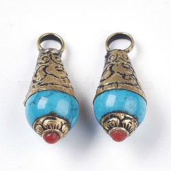 Pendentifs de style tibétain , avec turquoise synthétique, Accessoires en laiton, larme, bronze antique, 25.3~26.8x10x10mm, Trou: 4mm