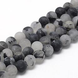Natural Black Rutilated Quartz Beads Strands, Frosted, Round, 6~7mm, Hole: 1mm, about 60~67pcs/strand, 15.7 inch
