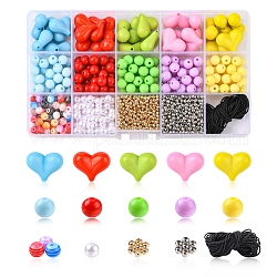 Collier de perles de couleur bonbon bricolage kit de fabrication de lanière de sangle mobile, comprenant un cœur en acrylique et une perle d'imitation en plastique et des perles à rayures en résine, Fil de nylon, couleur mixte, perles: 1531 pcs / boîte