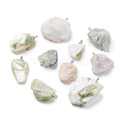 Ciondoli in tormalina verde naturale, pietra grezza grezza, con anello in ottone, grado aaa, placcato di lunga durata, pepite, platino, 19~29.5x12.5~23x5.3~9.5mm, Foro: 1.6 mm