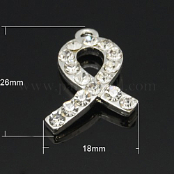 Colgantes de aleación de Diamante de imitación, Grado A, cinta de la conciencia, de color platino, 26x18x4mm, agujero: 2 mm