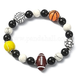 Natürliche schwarze Onyx- und Howlith-Perlen-Stretch-Armbänder, Acryl-Sportball-Perlenarmbänder für Damen, Farbig, 1/4 Zoll ~ 5/8 Zoll (0.8~1.5 cm), Innendurchmesser: 2-1/8 Zoll (5.5 cm)