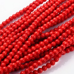 Sintética howlite abalorios hebras, teñido de rojo, redondo, aproximamente 6~7 mm de diámetro, agujero: 0.5 mm, aproximamente 64 pcs / cadena, 16 pulgada