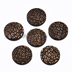 Perles de bois naturel peintes, motif gravé au laser, plat rond avec imprimé léopard, brun coco, 20x5mm, Trou: 1.5mm