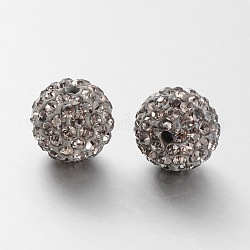 Perles de strass de grade A, Perles de boule pavé disco , résine et de kaolin, ronde, grises , pp11 (1.7~1.8mm), 10mm, Trou: 1.5mm