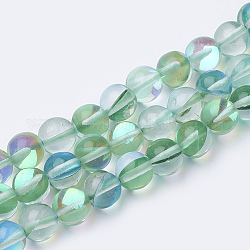 Chapelets de perles en pierre de lune synthétique, perles holographiques, teinte, ronde, verte, 8mm, Trou: 0.7mm, 48 pcs / chapelet, 15 pouces