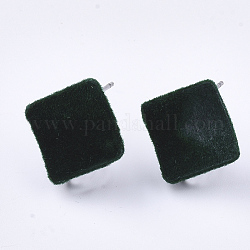 Flocky Iron Stud Earring Findings, with Steel Pins and Loop, Rhombus, Dark Green, 16x16mm, Hole: 4mm, Pin: 0.8mm, Side Length: 12.5mm