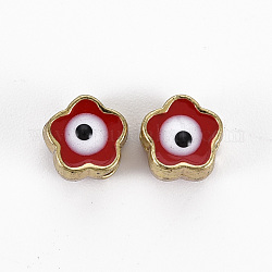 Rack Plating Alloy Enamel Beads, Cadmium Free & Lead Free, Flower with Evil Eye, Red, 6x6x3~4mm, Hole: 1.5mm