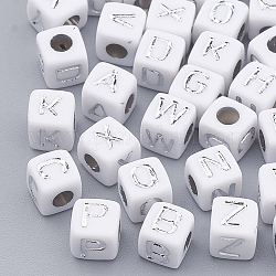 Pandahall 50g Plated Acrylic Beads, Metal Enlaced, Horizontal Hole, Cube with Letter, Silver Plated, 4.5x4.5x4.5mm, Hole: 3mm