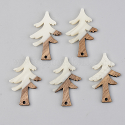 Opaque Resin & Walnut Wood Pendants, Christmas Tree, Floral White, 38x24.5x3mm, Hole: 2mm