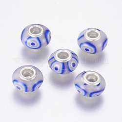 Handmade Polymer Clay European Beads, Large Hole Beads, with Brass Findings, Rondelle with Flower Pattern, Silver Color Plated, Royal Blue, 15~16x9~11mm, Hole: 5mm
