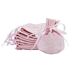 HOBBIESAY Velvet Jewelry Bags with Drawstring & Plastic Imitation Pearl, Velvet Cloth Gift Pouches, Pink, 13.2x14x0.4mm