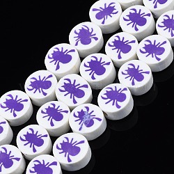 Chapelets de perle en pâte polymère manuel, style d'halloween, plat rond avec l'araignée, bleu violet, 9~10x4.5mm, Trou: 1.4mm, Environ 38 pcs/chapelet, 14.17 pouce (36 cm)