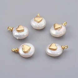Natural Cultured Freshwater Pearl Pendants, with Brass Findings, Long-Lasting Plated, Heart, Real 18K Gold Plated, 14~21x9~16x5~9mm, Hole: 1.5mm