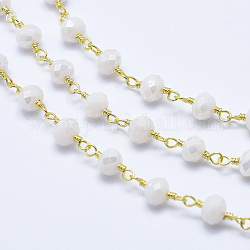 Chaînes de perles de verre faites à la main de 3.28 pied, non soudée, avec les accessoires en laiton, rondelle, floral blanc, or, 13x6mm