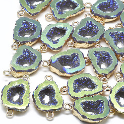 Electroplate Druzy Resin Links connectors, with Iron Findings, Nuggets, Light Gold, Lawn Green, 26x15~16x6~7mm, Hole: 1mm