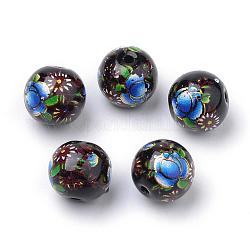 Perles en verre imprimées, ronde avec motif de fleurs, noir, 10x9mm, Trou: 1.5mm