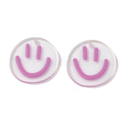 Transparent Printed Acrylic Pendants, Flat Round with Smiling Face Charm, White, 20.5~21x20~21x2mm, Hole: 1.6mm
