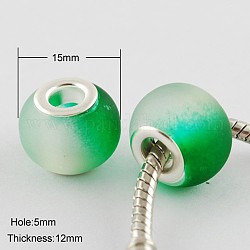 Deux tons grand trou rondelle verre caoutchouté perles européennes, avec couleur argent plaqué doubles noyaux de cuivre, verte, 15x12mm, Trou: 5mm