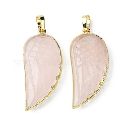 Natural Rose Quartz Pendants, Wing Charms, with Rack Plating Golden Plated Brass Edge, 39x18x7mm, Hole: 6x4mm