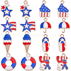 SUNNYCLUE 64Pcs 8 Style Independence Day Alloy Enamel Pendants, Light Gold, Mixed Shapes, Mixed Color, 15.5~22.5x8~15.5x1.5mm, Hole: 2mm, 8pcs/style