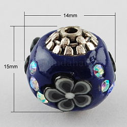 Handmade Indonesia Beads, with Alloy Cores, Round, Prussian Blue, Antique Silver, 15x14x14mm, Hole: 1mm