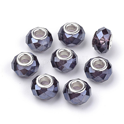 Verre nacré perles européennes, Perles avec un grand trou   , avec double cors en laiton plaqué argent, facette, rondelle, bleu foncé, 14x9mm, Trou: 5mm