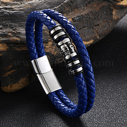 Bracelet multi-rangs double couche en cuir perlé tête de mort en acier inoxydable, bracelet gothique avec fermoir magnétique pour homme, bleu foncé, 9-1/4 pouce (23.6 cm)