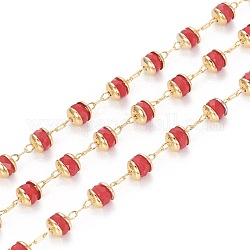 Chaînes de perles en verre manuels, avec les accessoires en laiton, Plaqué longue durée, rondelle, facette, soudé, or, rouge, 4mm, environ 32.8 pied (10 m)/rouleau
